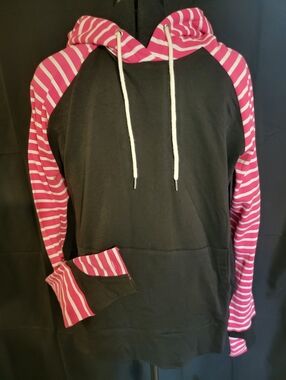Striped Sleeve Black & Pink Pullover Hoodie